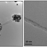 Fig. 1. a - TEM images of pristine SWCNT sample after 150 cycles of ALD without ozonization,
b - SWCNT after ozonization and coated with ZnO.