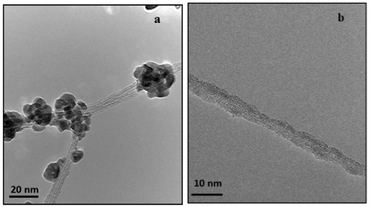 Fig. 1. a - TEM images of pristine SWCNT sample after 150 cycles of ALD without ozonization, b - SWCNT after ozonization and coated with ZnO.