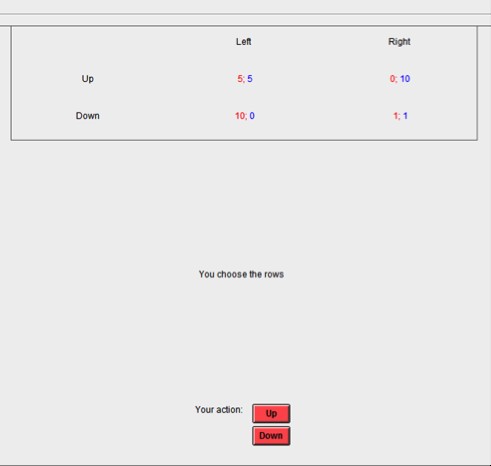 Fig. 1. A screenshot from the experiment. The "up" button corresponds to the option to remain silent/cooperate. The “down” button corresponds to the option to betray. Another participant, may have the "left" and "right" buttons for the same options, respectively.