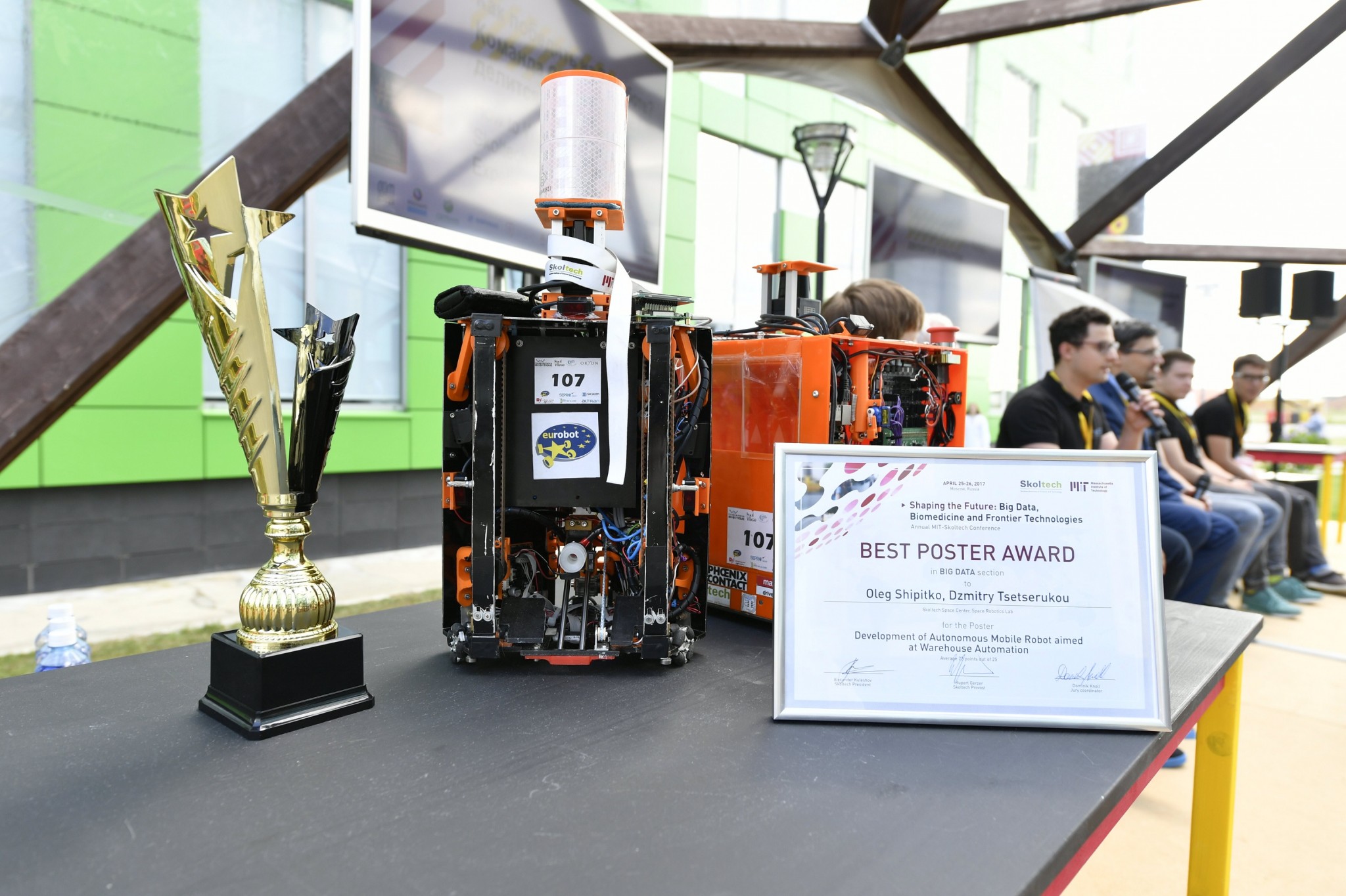 The reSET team's award-winning robots, along with various of the trophies and certificates the team has won.