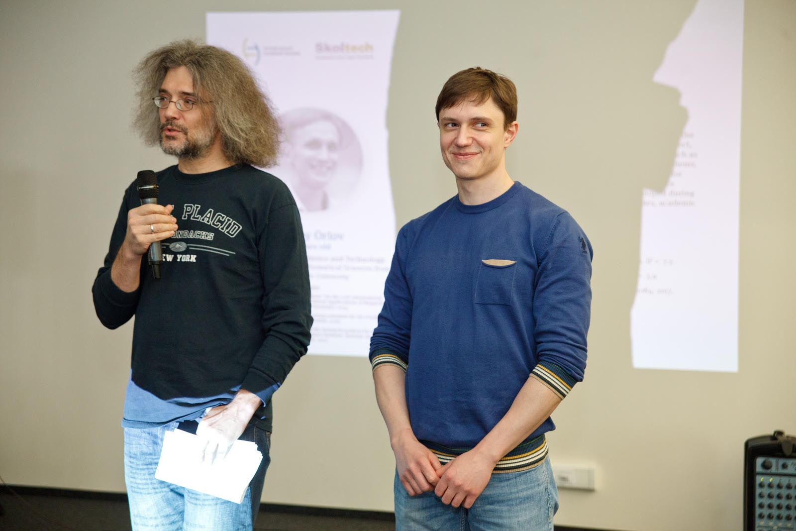 Professor Konstantin Severinov, Director of the Center for Data-Intensive Biomedicine and Biotechnology, (left) and Dmitry Svetlichnyy pictured during the 2017 Systems Biology fellowship award ceremony. 