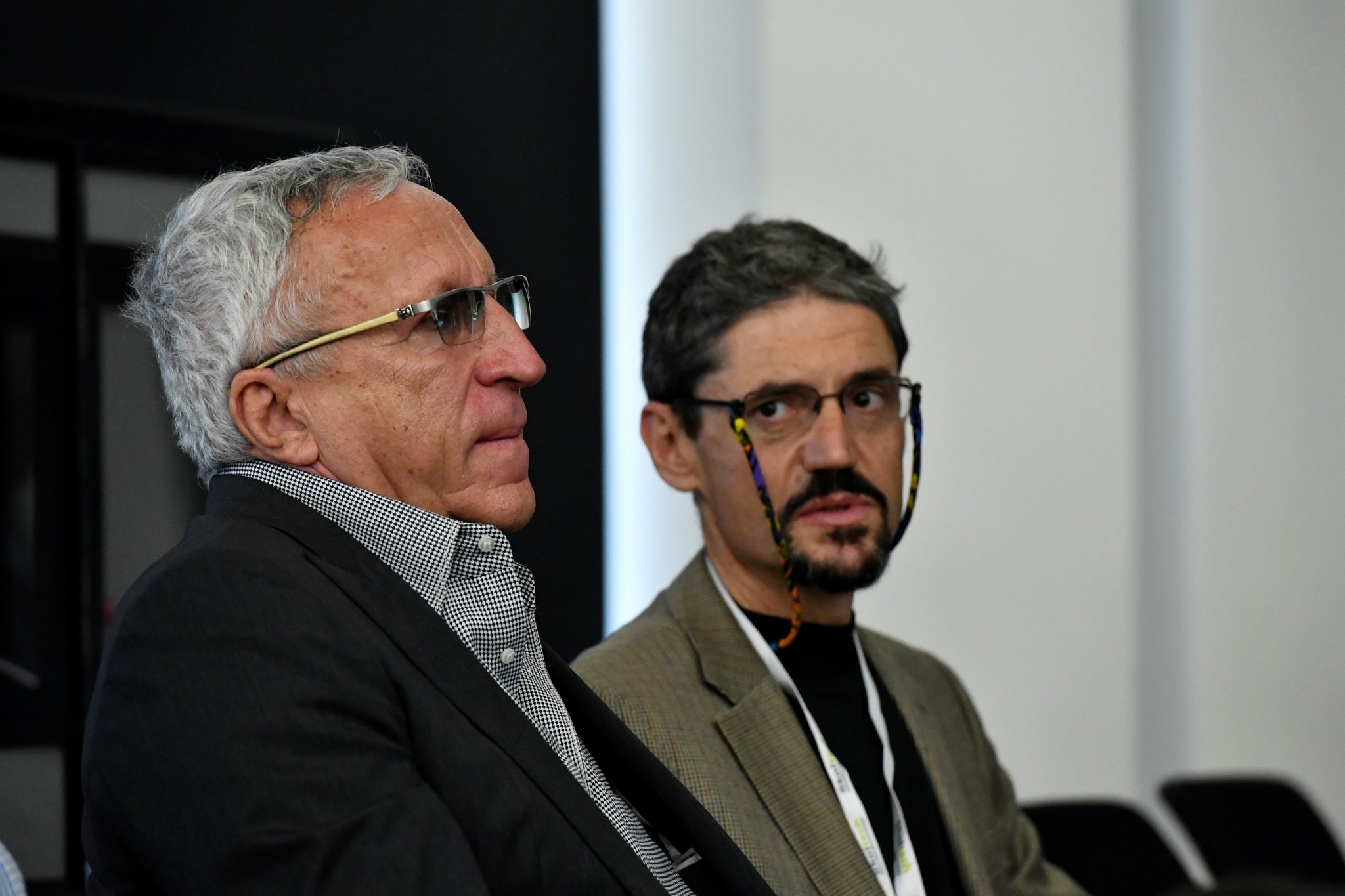 Skoltech President Alexander Kuleshov (left) and Professor Mikhail Chertkov pictured during the conference. Photo: Skoltech.