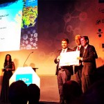 The moment of victory: (from left) Professor Alessandro Golkar, ESA Earth Observation Director Josef Aschbacher and Professor Adriano Camps pictured during the awards ceremony. Photo: Skoltech.