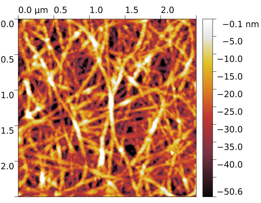 Atomic force microscopy image of the surface of a carbon nanotube film. The fragment seen on the image is 2.5 by 2.5 micrometers. The false color bar indicates the penetration depth of the microscope tip. Image courtesy of the researchers.