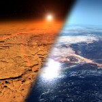 An artistic rendering of what Mars may have looked like billions of years ago. The Red Planet is thought at one point to have been blanketed with oceans and massive lakes. Image: NASA’s Goddard Space Flight Center.