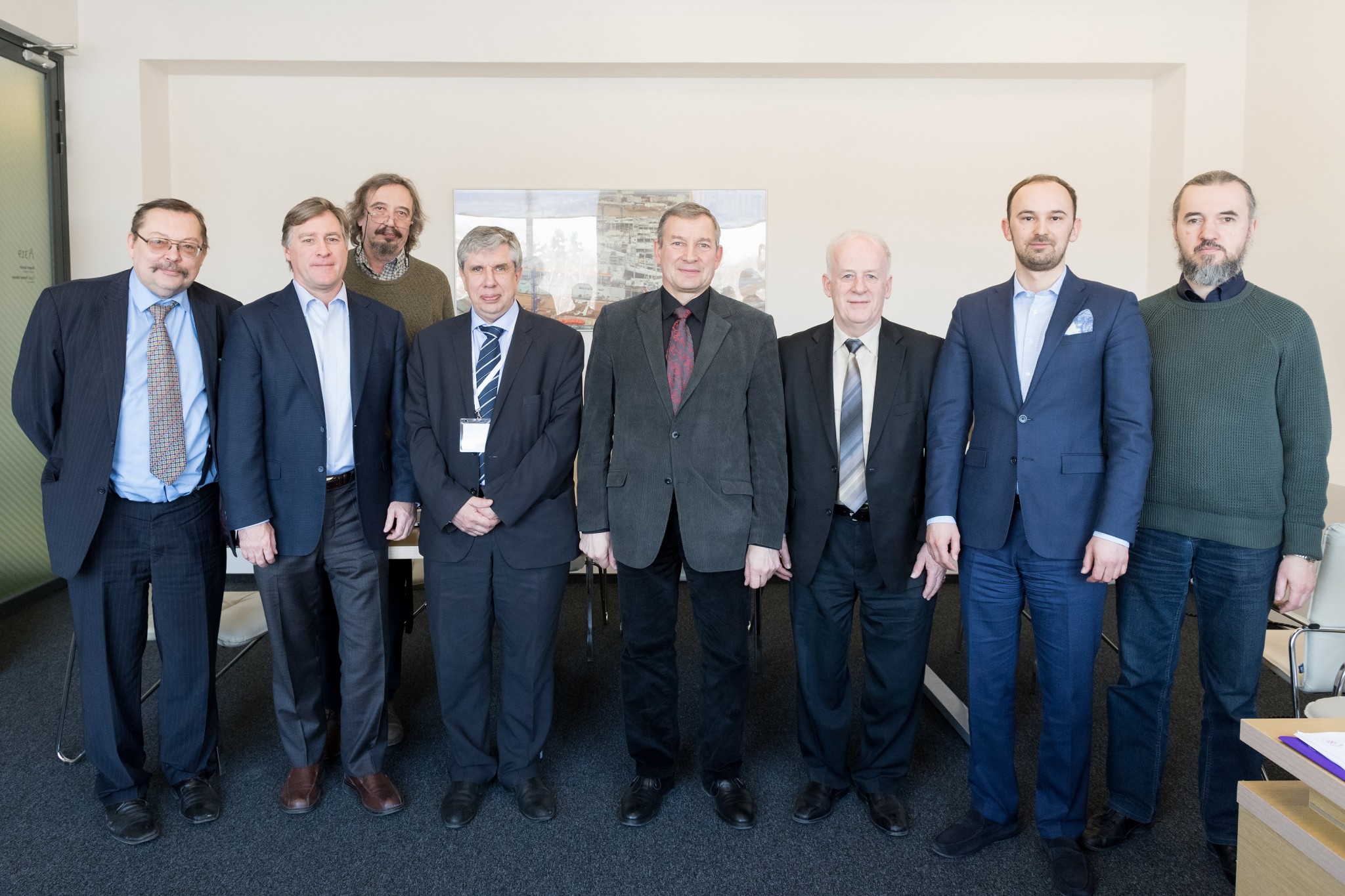 The LAS and Skoltech delegations. From left: Andris Vilcāns, Keith Stevenson, Yuri Kotelevtsev, Alexey Ponomarev, Ojārs Sparītis, Clement Fortin, Alexander Safonov and Mikhail Skvortsov. Photo: Skoltech.