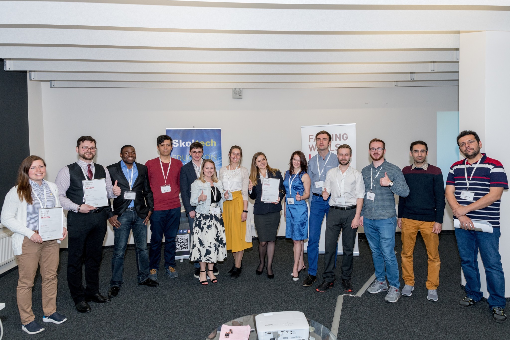 All of the talented competitors following the competition. The three winners are pictured holding their award certificates, including Natalia Glazkova and Dmitry Smirnov (left) and Ksenia Scherbakova (center). Photo: Skoltech.