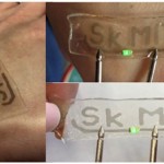 SWCNT/hydrogel-based patterned circuit pictured in three ways: attached to human skin, relaxed, and stretched by 50 percent. Photos: Evgenia Gilshteyn // Skoltech.