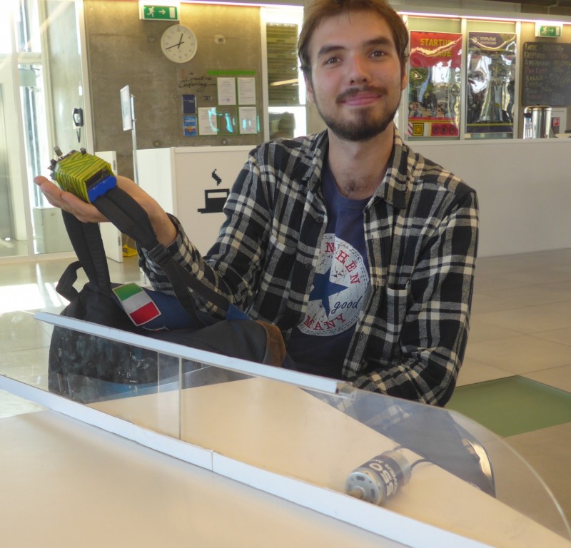 In developing the “AirInTrain” project prototype, students created an experimental dual-sensor circuit board, which was attached to a backpack strap for mobility evaluations.