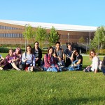 Maria Sokolova (in the center) and the summer school students with the new Skotlech Campus at the background. Photo: Yulia Gordeeva.