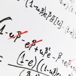 Complex math formulas on whiteboard. Mathematics and science with economics