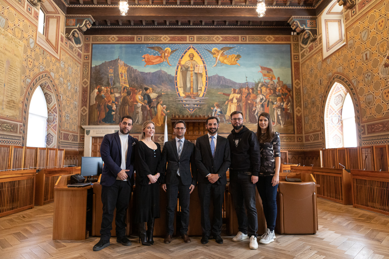 – In the parliament, Ellen Quirk Founder & CEO of Kismet Impact Capital, Fabio Righi, the Minister of Industry and Technological Research, Samor Mastaki, CEO Nuland, Zeljko Tekic, Skoltech professor, Anja Tekic; At the parliament of the Republic of San Marino