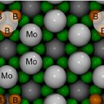 Рисунок 1.  Расположение атомов в кристалле высшего борида молибдена (MoB5-x).

Источник: Dmitry V. Rybkovskiy, J. Phys. Chem. Lett.