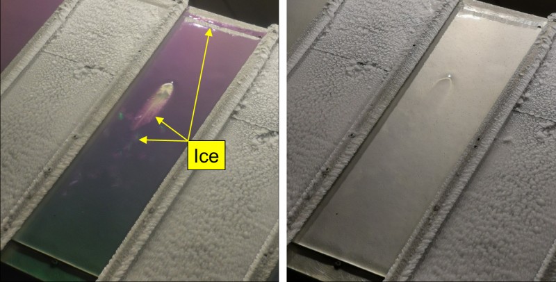 Фото. Образование льда на алюминиевой пластине в климатической камере: обледенение, обнаруженное с помощью предложенного в исследовании подхода (слева), и видимое невооруженным глазом (справа). Источник: Viktor Grishaev et al./Cold Regions Science and Technology