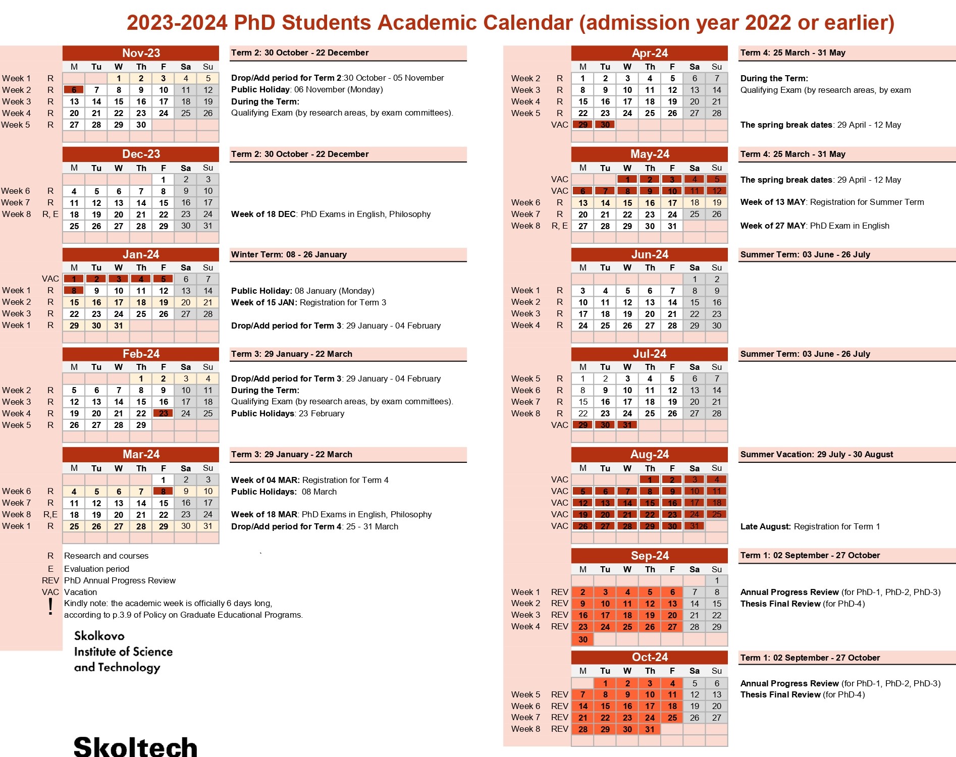 Skoltech | PhD Academic Calendar 2023-2024