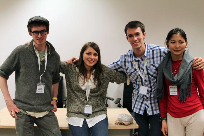 Aidana Nurzhanova (right) with fellow prospective students after a challenge at the Selection Weekend