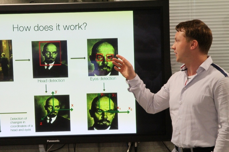 Vladimir Zhuikov presents "Stand & Stare": a specialized camera installed a few centimeters above a painting or picture analyzes a viewer's eyes movements. Pretty obvious when it comes to a portrait, but what happens when someone looks at an abstract work by Jackson Pollock? (Irina Zhelavskaya, Oleg Urzhumtsev, Bogdan Uzbekov)
