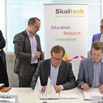 Signing of contracts for partnership of Composites CREI between Skoltech CREIs and Delft TU (from right): Zafer Gürdal, Director of the Skoltech Center for Composites; Mats Nordlund, Skoltech’s Vice-President for Research; Dirk Jan van den Berg, The President of TU Delft