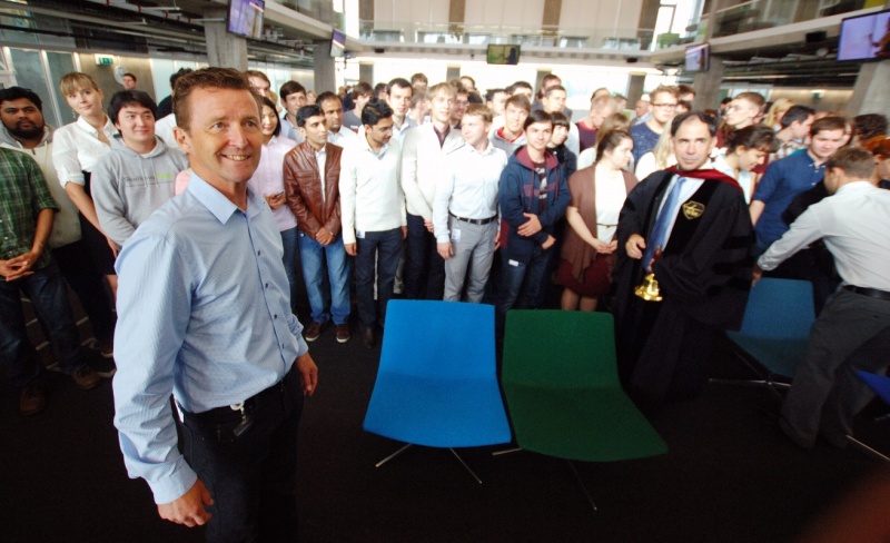 Edward Crawley, Skoltech's president (right), Mats Hanson, Skoltech's dean of education and students attend the Academic Year Opening Ceremony in 2013