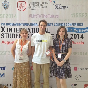 Skoltech's team of young #biomed researchers and PhD students at the International Students Science Fair in #Moscow. Left to right:  Yulia Rybakova and Dmitry Ghilarov, research scientists; Olga Musharova, PhD student in Biomed