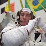 Sergei Krikalev, cosmonaut and guest speaker at Skoltech, wears a training space suit at a NASA training in June 2004