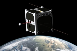 1U CubeSat ESTCube-1, developed mainly by the students from the University of Tartu, carries out a tether deployment experiment on the low Earth orbit. Image courtesy of Wikipedia