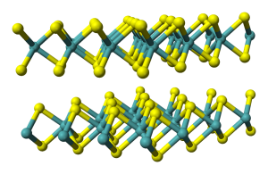 MoS2, the most common metal dichalcogenide, adopts a layered structure. A growing number of new materials is utilized to produce 2D semiconductors. Image courtesy of WIkipedia