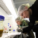 Skoltech student Andrey Vyatskikh (front) examines a carbon nanotube sample he has just treated in various solutions and then "fished" out so it can be dried and examined