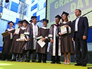 Winners of the “Outstanding Thesis Awards” on stage with Russian first deputy Prime Minister Arkady Dvorkovich.