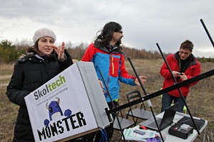 Skoltech / MONSTER team members (from right) Akhtyamov, Lluch I Cruz, Matevosyan.  The space researchers attempted to provide a proof-of-concept for a federated Satellites System that will enable small Cube-Sats to share resources in a "space internet" model.