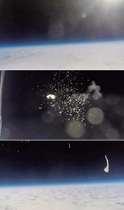 On the edge of space (from top) 1 a view of the atmosphere 2 stratospheric balloon's rupture 3 experimental platform falls down to Earth