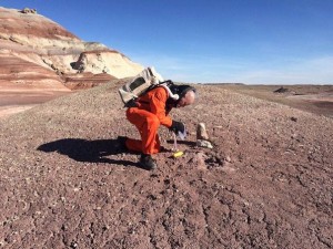 Crew engineer Mikhail Khmelik taking soil samples