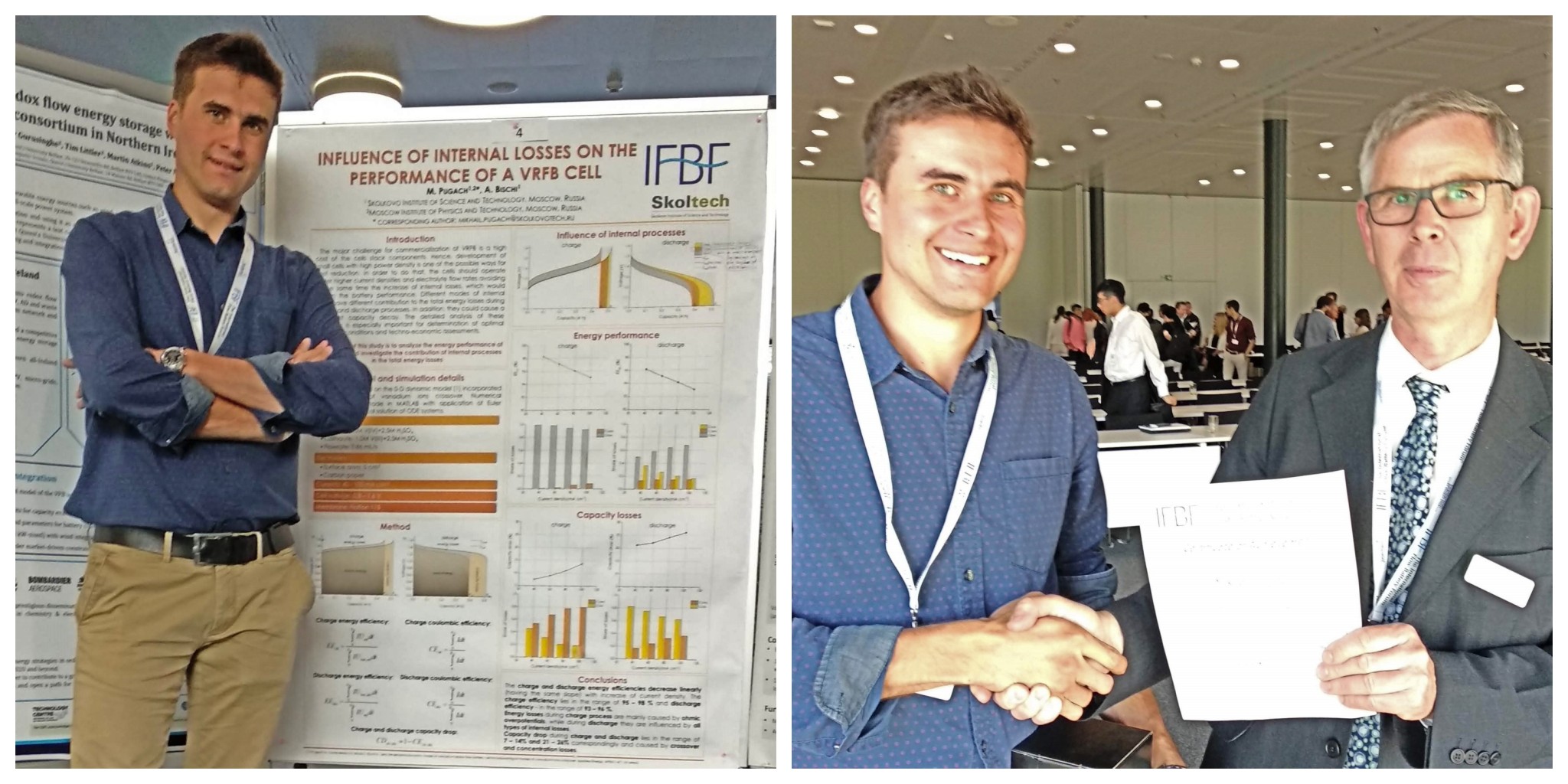 Pugach, pictured with his poster, and the award he won for it. Photos: Mikhail Pugach // Skoltech.
